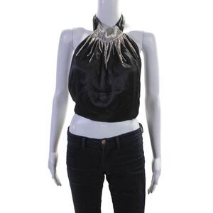 Harmur Women's Rhinestone Halter Low Back Silk Blouse Black Size M